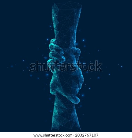 3d hands holding each other in dark blue. Abstract vector origami wireframe of two human arms. Teamwork or partnership concept. Digital polygonal monochrome mesh with dots, lines, and triangles 

