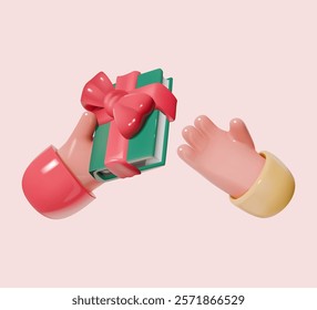 3D hands holding and giving a green book wrapped with a red ribbon on a pastel pink background. Gift exchange and book gifting concept.