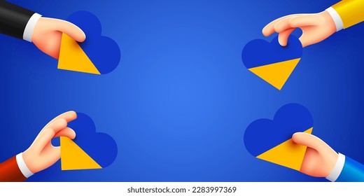 3d hands holding hearts with Ukrainian national flag. Stand with Ukraine. Vector illustration