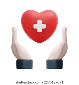 3d hands holding red heart icon vector. Isolated on white background. 3d health insurance concept. Cartoon minimal style. 3d icon vector render illustration.