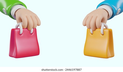 Manos en 3D sosteniendo Pequeños bolsos de regalo de diferentes colores. Concepto para la compra, venta