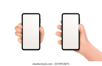 3d hands holding smartphone with blank screen isolated on white background. Hand with mobile phone for web banner, marketing, presentation, social media. Mockup mobile concept. Vector illustration