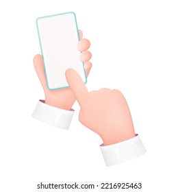 Manos 3D sosteniendo Smartphone aislados en fondo blanco. Mockup del dispositivo de caricatura. Hombre portando teléfono con pantalla en blanco. Tocando la pantalla con el dedo. Ilustración vectorial