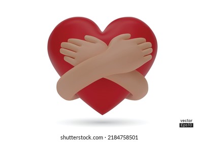 3D hands hugging a red heart with love. Hand embracing red heart isolated on white background. love yourself. Used for posters, postcards, t-shirt prints, and other designs. 3D vector illustration.