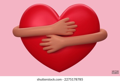 3D hands hugging a red heart with love. Cartoon Hand embracing heart isolated on pink background. love yourself. Used for posters, postcards, t-shirt prints. 3D vector illustration.