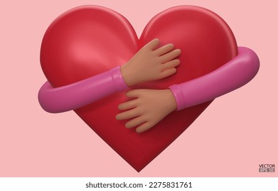 3D hands hugging a red heart with love. Cartoon Hand embracing heart with pink sleeve isolated on pink background. love yourself. Used for posters, postcards, t-shirt prints. 3D vector illustration.