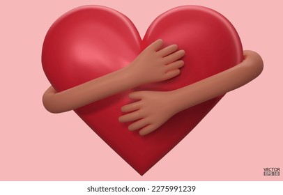 3D hands hugging a red heart with love. Cartoon Hand embracing heart isolated on pink background. love yourself. Used for posters, postcards, t-shirt prints. 3D vector illustration.