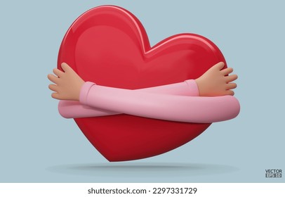 3D hands hugging a red heart with love. Cartoon Hand embracing heart with pink sleeve isolated on blue background. love yourself. Used for posters, postcards, t-shirt prints. 3D vector illustration.