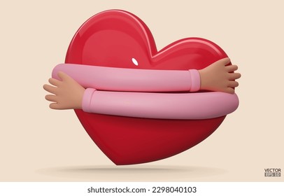 3D hands hugging a red heart with love. Cartoon Hand embracing heart with pink sleeve isolated on beige background. love yourself. Used for posters, postcards, t-shirt prints. 3D vector illustration.