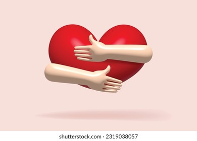 3D hands hugging a red heart with love. Hand embracing red heart isolated on white background. love yourself. 3D vector illustration.