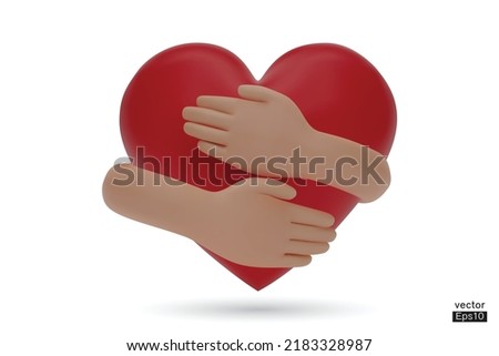 3D hands hugging a red heart with love. Hand embracing red heart isolated on white background. love yourself. Used for posters, postcards, t-shirt prints, and other designs. 3D vector illustration.