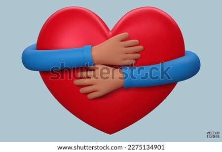 3D hands hugging a red heart with love. Cartoon Hand embracing heart with blue sleeve isolated on blue background. love yourself. Used for posters, postcards, t-shirt prints. 3D vector illustration.