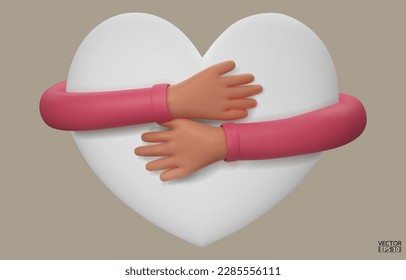 Manos 3D abrazando un corazón blanco con amor. Cartoon Hand abrazando el corazón con la manga rosada aislada en el fondo gris. amate a ti mismo. Se usa para carteles, postales, estampados de camisetas. Ilustración vectorial 3D.