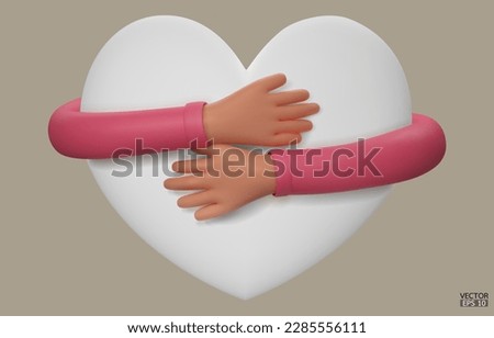 3D hands hugging a white heart with love. Cartoon Hand embracing heart with pink sleeve isolated on gray background. love yourself. Used for posters, postcards, t-shirt prints. 3D vector illustration.