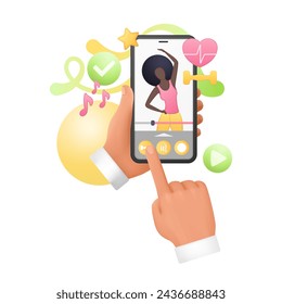 3D hands of man hold phone with fitness workout on screen, touch button vector illustration