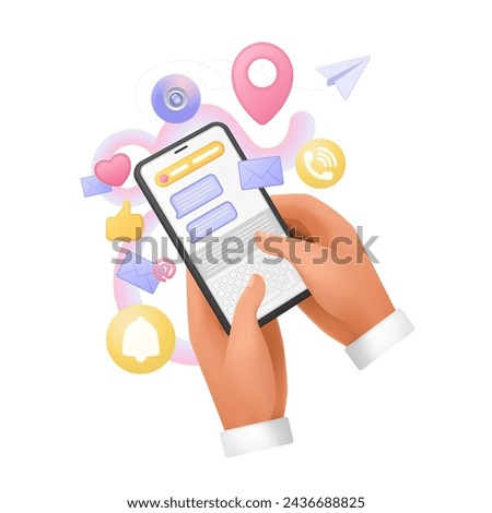 3D hands of man hold phone with social media app on screen, smartphone with emoji, SMS speech bubbles vector illustration