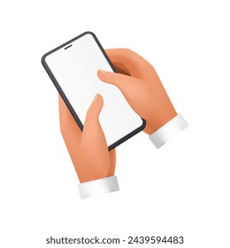 Manos 3D del hombre que sostiene el teléfono móvil para tocar la pantalla blanca en blanco con los dedos ilustración vectorial