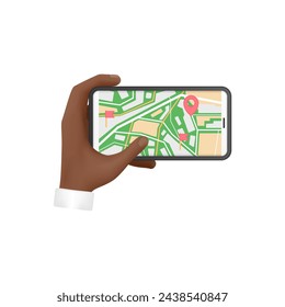 3D hands of man touch with finger mobile application with city map on smartphone screen vector illustration