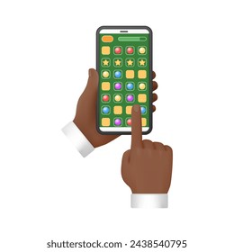 3D hands of man touching screen of smartphone with icons of different mobile applications vector illustration