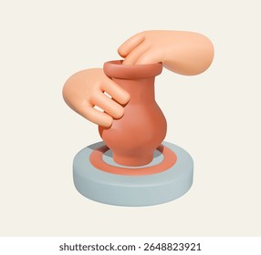 3D hands molding a clay pot on a pottery wheel, representing craftsmanship and ceramic art.