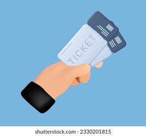 3D The hands of the person holding the tickets. Isolated illustration on a blue background. 3D template for the design. Invitation ticket for event