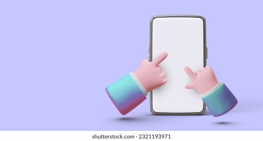 3D hands pointing at smartphone screen. Blank phone display. Finger presses on touchscreen. Horizontal poster for advertising mobile application, software. Attention, important information