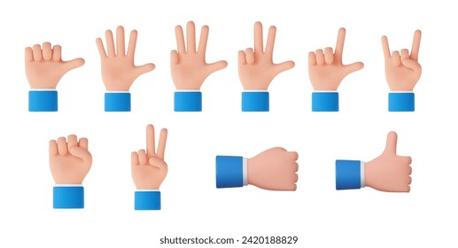 3d Hands set. Hand shows signs of various counting gestures. Collection isolated on white background. 3d rendering. Vector illustration