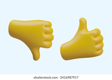 3D hands showing thumbs up and down. Agreement and objection. Good and bad decision. Symbols to indicate choice of buyers, users. Like and dislike. Color vector