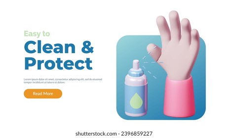 3d Hands using Antibacterial antiviral spray Icon. Washing hand with sanitary antiseptic. pharmacy medical and healthcare social media and website template concept. vector illustration cartoon render