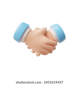 3D handshake, hold hands with blue sleeve vector icon. Partnership human arm gesture, greetings or support. Cartoon render agreement and successful deal handclasp, business meeting