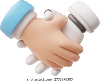 Icono del apretón de manos 3D de un humano y un robot, inteligencia artificial, fusión, asociación. Tecnologías futuras, automatización, unidad digital. Ilustración vectorial. Estilo de dibujos animados. Fondo aislado.