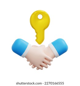 3d handshake with key icon vector. Isolated on white background. 3d rental property and real estate concept. Cartoon minimal style. 3d deal icon vector render illustration.
