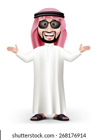 3D Handsome Saudi Arab Man in Traditional Dress Stand Teaching while Smiling with Sunglasses in White Background. Editable Vector Illustration