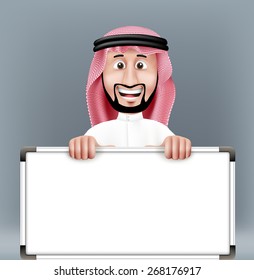 3D Handsome Saudi Arab Man in Traditional Dress Stand Holding Big Blank White Board with Space for Text or Business Messages while Smiling and Talking. Editable Vector Illustration