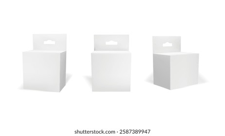 3d hang tab box mockup. White black pack for product. Small carton medicine container. Cosmetic cream or tea dummy shape paperboard with hanger. Cube packaging front and side. Plain slot cardboard