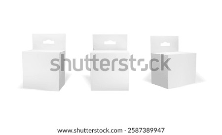 3d hang tab box mockup. White black pack for product. Small carton medicine container. Cosmetic cream or tea dummy shape paperboard with hanger. Cube packaging front and side. Plain slot cardboard