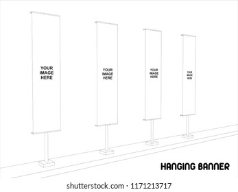 3d hanging banner T style single perspective view blank space for commercial. Vector sketch outline drawing editable.