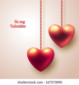 3D hanging hearts on light background. Valentines day card. Vector illustration.