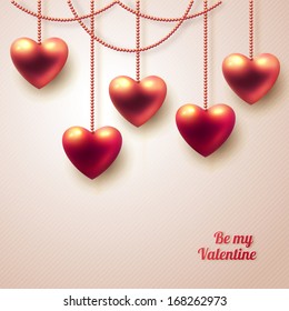 3D hanging hearts on light background. Valentines day card. Vector illustration.