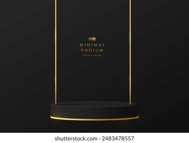 3D hanging product podium black background with gold sling. Black friday theme. Abstract composition in minimalist design. Studio display showroom product pedestal, Fashion stage showcase mockup scene