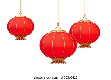 3d hanging red lanterns. Festival elements isolated on white background. Suitable for Chinese or Japanese culture decoration.