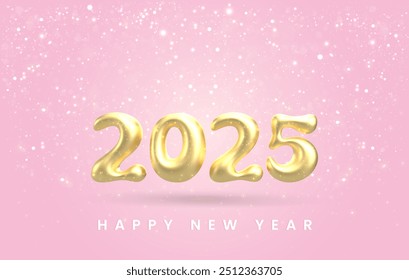 3D Happy 2025 New Year Vector Gold Design background. Balloon Bubble font. Modern art design set in pink, gold and white colors for cover, card, poster, banner.