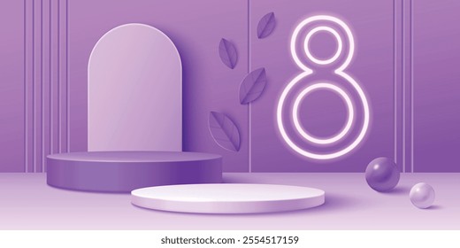 3d happy 8 march podium background. International women event banner with number, neon light and product stage for sale. Minimal purple scene for greeting or cosmetic presentation. Showroom with arch