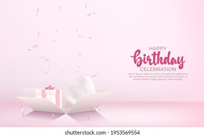 3d happy birthday background with gift box, confetti and balloon.