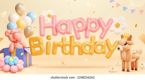 3D happy birthday balloon typography banner. Twisted bear balloon in gift box and deer balloon. With flowers decoration, garland, and confetti on light yellow background. - Shutterstock ID 2248256263