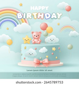 3D Happy birthday cake for baby and kids party. Birthday greeting card banner template with cute cake and rainbow on pastel background for birthday anniversary, invitation card 