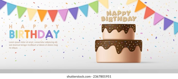 3D Happy birthday cake banner. Birthday greeting card with cute chocolate cake, candle, colorful flag and ribbon background for kid birthday party, invitation, advertisement. Vector Illustration.