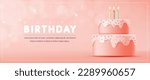 3D Happy birthday cake. It's a girl. Birthday greeting card with cute cake and candle on pink background for birthday anniversary party event template, Banner, flyer, advertising. Vector Illustration