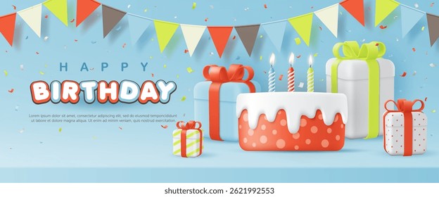 3D Happy birthday cake. Birthday greeting card with cute cake, gift boxes on blue background for fun party invitation card template. baby anniversary event, kid banner, invitation poster