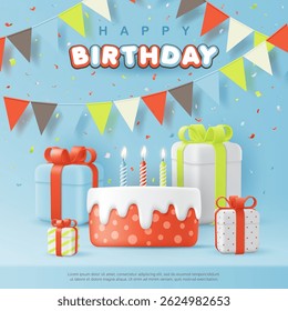 3D Happy birthday cake. Birthday greeting card with cute cake, gift boxes on blue background for fun party invitation card template. baby anniversary event, kid banner, invitation poster
